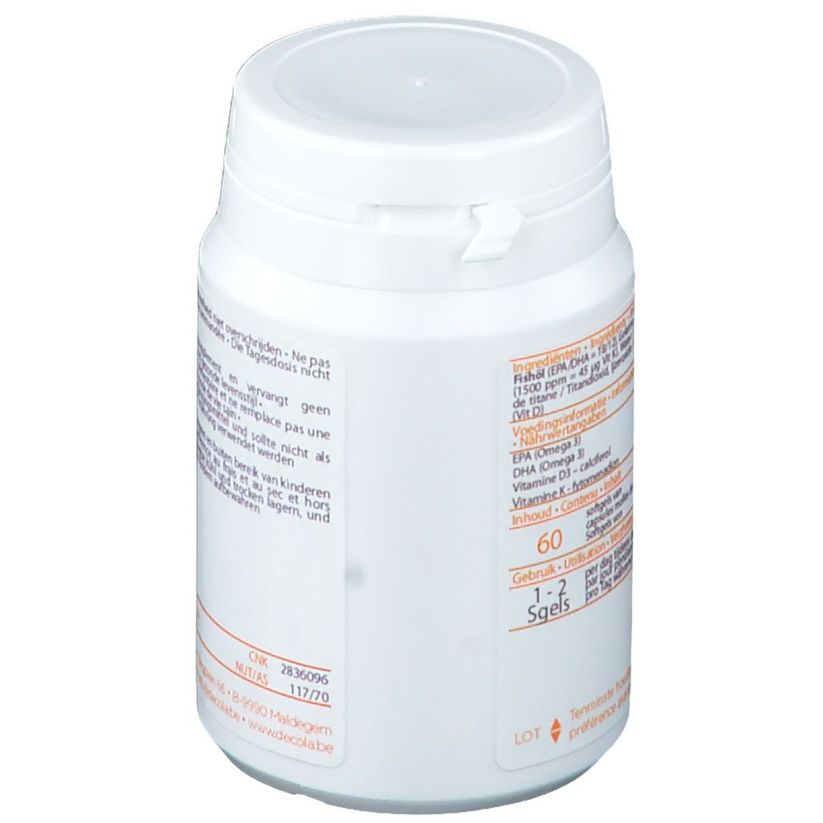 Weiße Dose mit Deckel. Rückseite mit Text. Aufschrift 60 sgels. Dosierungsempfehlung. Zutatenliste.