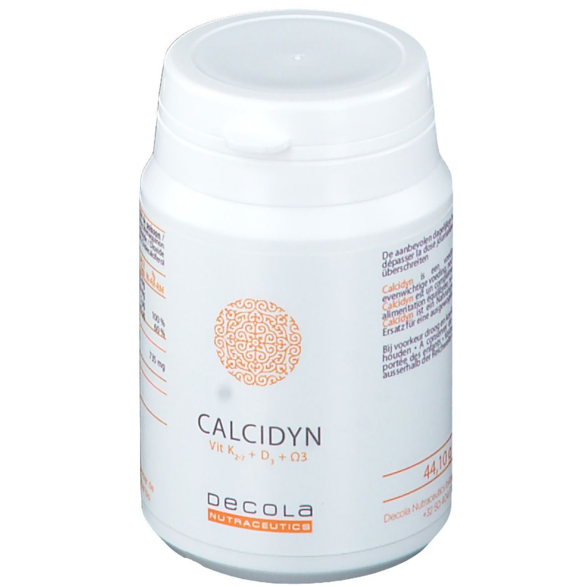 Weiße Dose mit Deckel. Aufschrift CALCIDYN, Vit K2, D3, D3. Marke Decola Nutraceutics. Orangefarbenes Muster. Text.