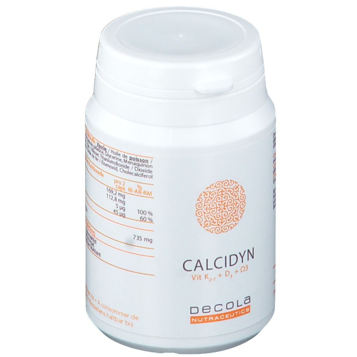 Weiße Dose mit Deckel. Aufschrift CALCIDYN, Vit K2, D3, D3. Marke Decola Nutraceutics. Orangefarbenes Muster. Text.