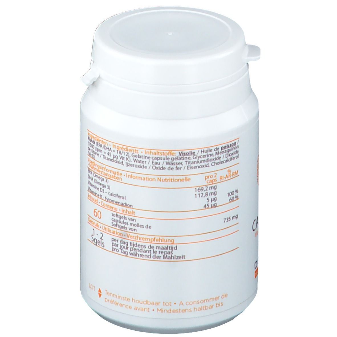 Weiße Dose mit Deckel. Aufschrift CALCIDYN, Vit K2, D3, D3. Marke Decola Nutraceutics. 60 Kapseln. Zutatenliste.