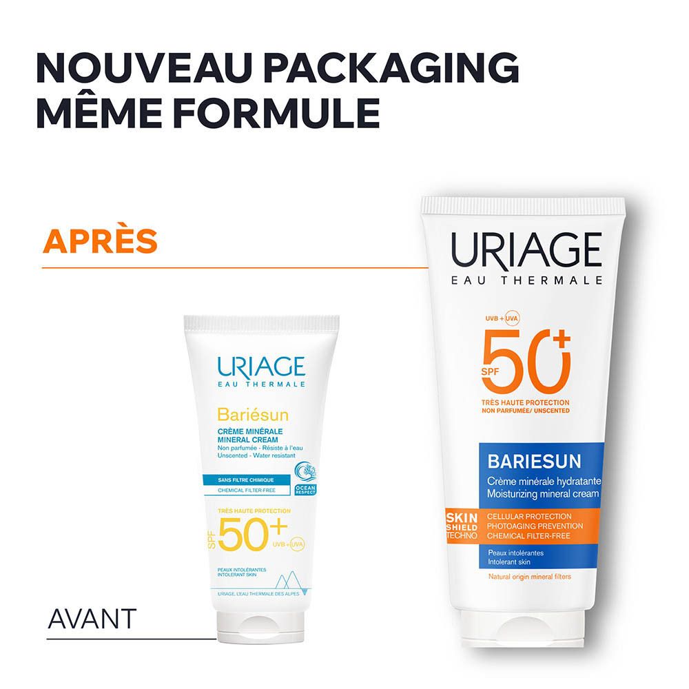 Uriage Bariésun crème. Comparaison avant-après de l'emballage.