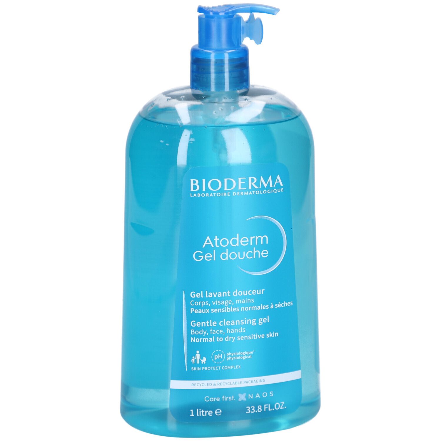 Transparente Flasche mit blauem Duschgel. BIODERMA-Logo und Produktname Atoderm Gel douche. 1 Liter.