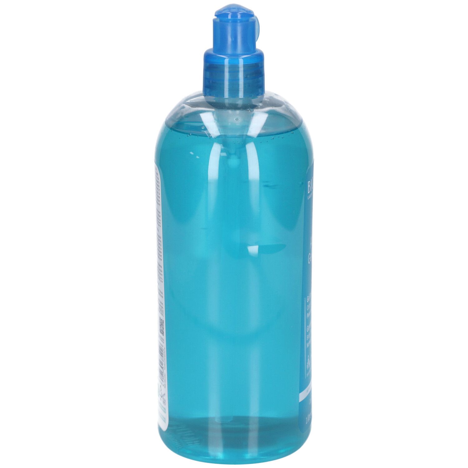 Rückansicht einer transparenten Flasche mit blauem Duschgel. Blaue Pumpe. Etikett mit Text.