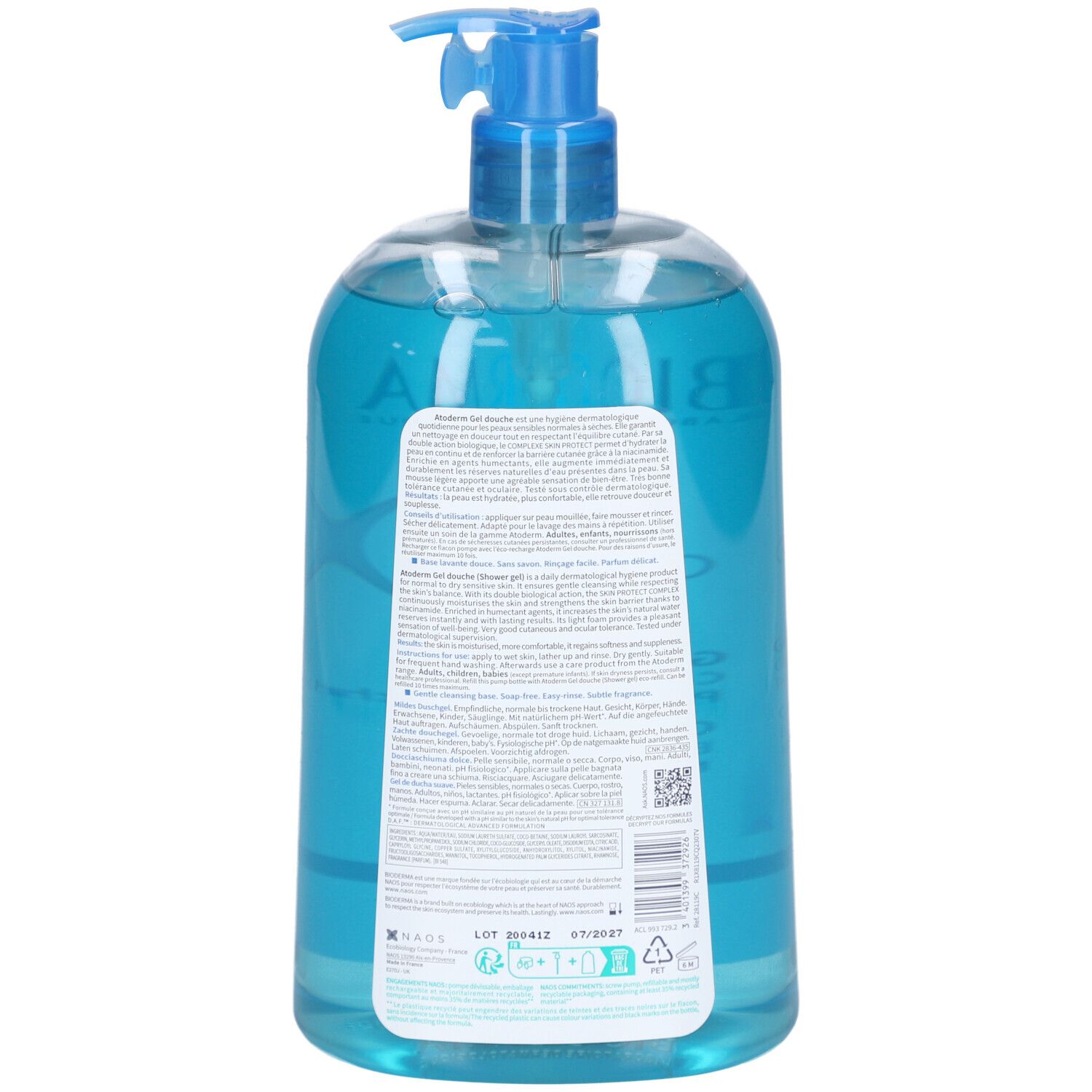 Rückansicht einer Flasche mit blauem Duschgel. Etikett mit Produktinformationen und QR-Code.
