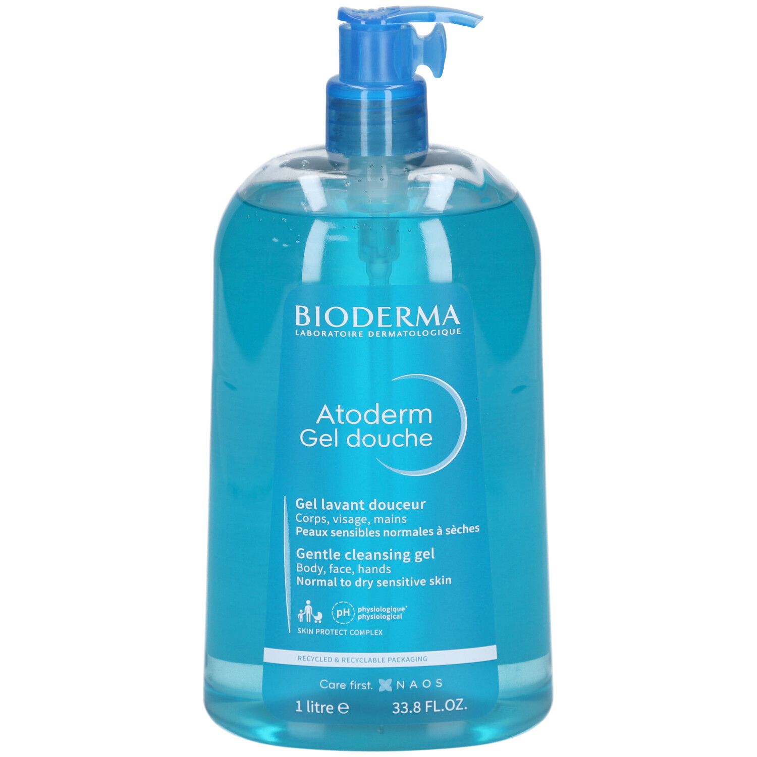 Transparente Flasche mit blauem Duschgel. BIODERMA-Logo und Produktname Atoderm Gel douche. 1 Liter.