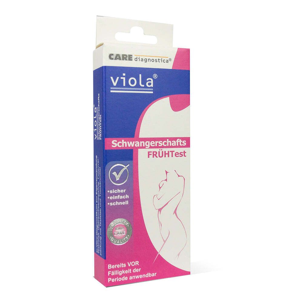 Viola Schwangerschaftsfrühtest-Verpackung. Rosa und weiß. Text: Frühtest, sicher, einfach, schnell. Abbildung einer Frau.