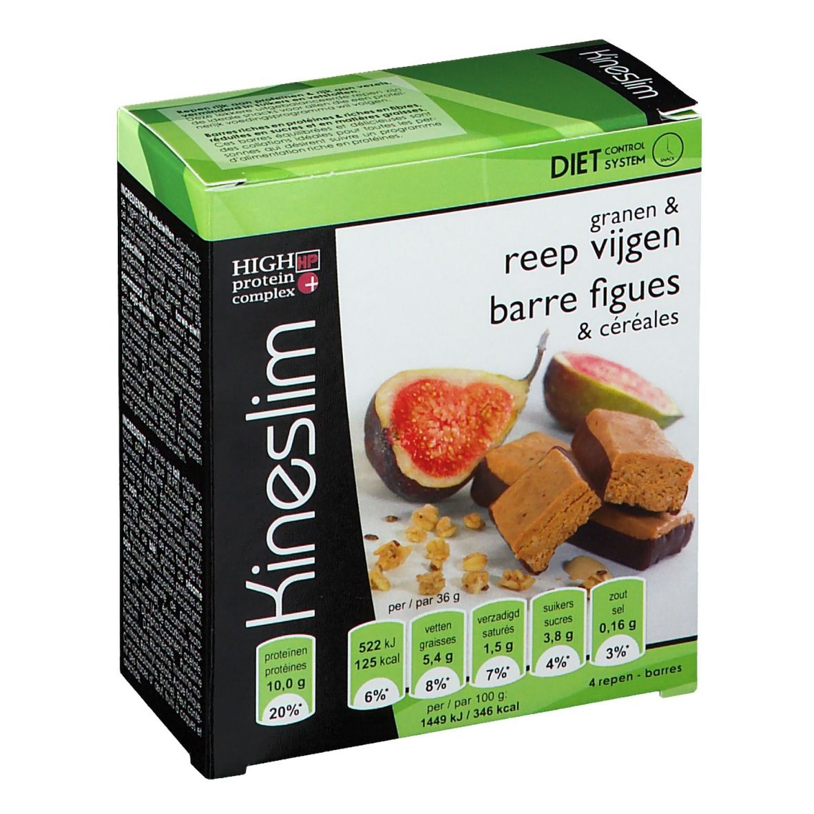 Kineslim-Box mit Cerealien und Feigen. Aufdrucke: 'High Protein Complex', 'Diet Control System'. Abgebildet: Feigen und Riegel.