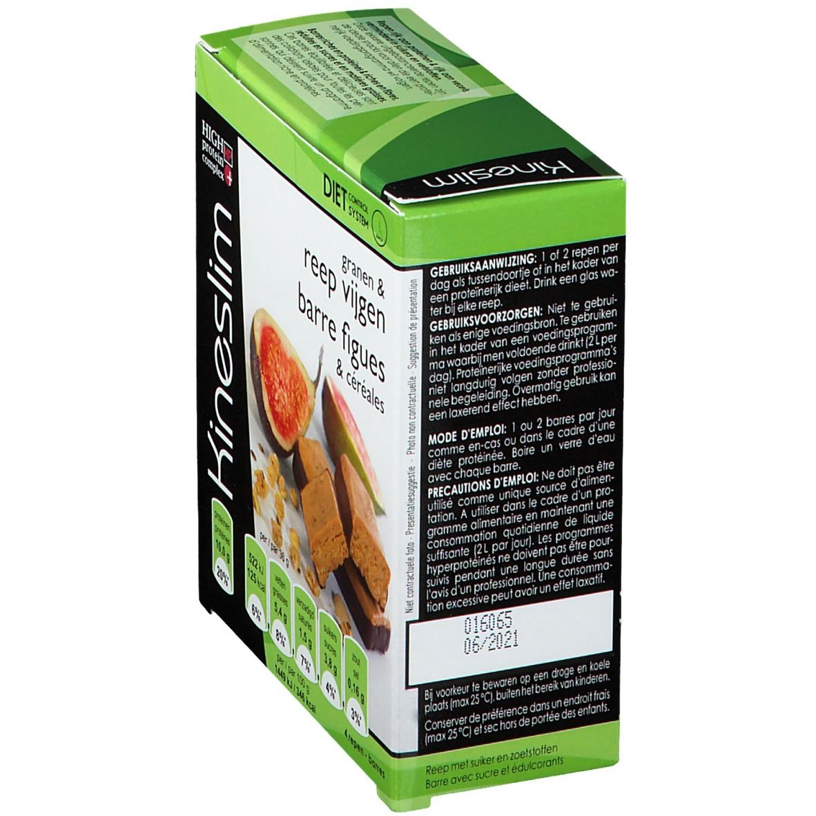 Kineslim-Box, Seitenansicht. Aufdrucke: 'granen & reep vijgen barre figues & céréales'. Text und Nährwertangaben. Haltbarkeitsdatum.