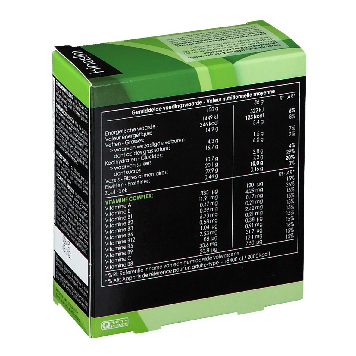 Rückseite der Kineslim-Box. Nährwerttabelle mit Angaben zu Energie, Fett, Zucker, Salz, Vitaminen. Recycling-Symbol.