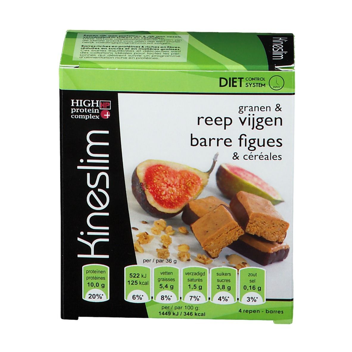 Kineslim-Box mit Cerealien und Feigen. Aufdrucke: 'High Protein Complex', 'Diet Control System'. Abgebildet: Feigen und Riegel.