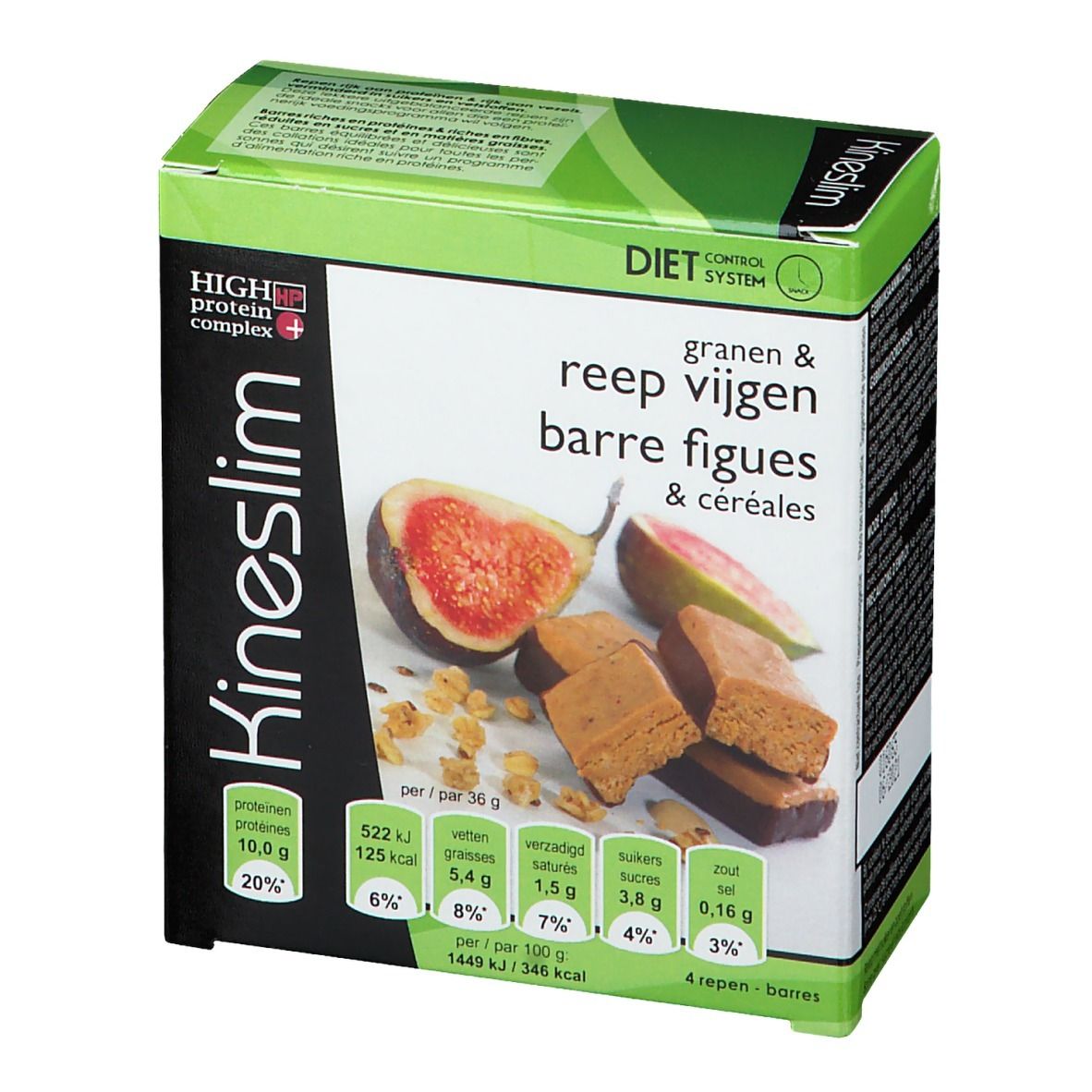Kineslim-Box mit Cerealien und Feigen. Aufdrucke: 'High Protein Complex', 'Diet Control System'. Abgebildet: Feigen und Riegel.