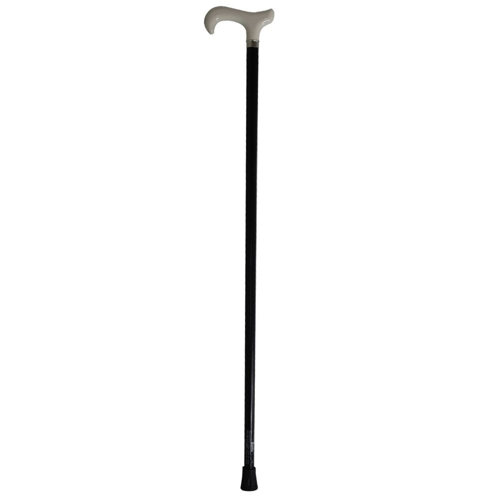 Gehstock mit weißem Griff und schwarzem Schaft. Der Griff ist gebogen. Am unteren Ende befindet sich eine schwarze Gummikappe.