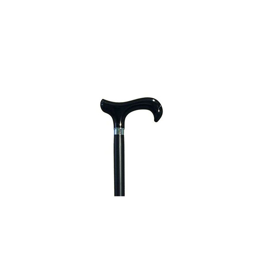 Canne noire avec poignée courbée. La canne a un anneau argenté à la jonction avec la poignée.