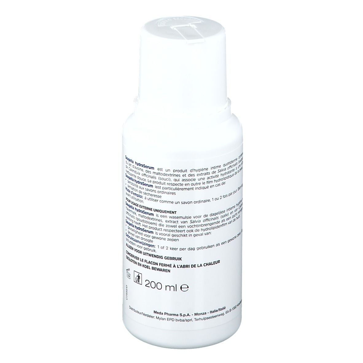 Flacon blanc avec étiquette bleue. Inscription Saugella hydraSerum. Texte en plusieurs langues. 200 ml.