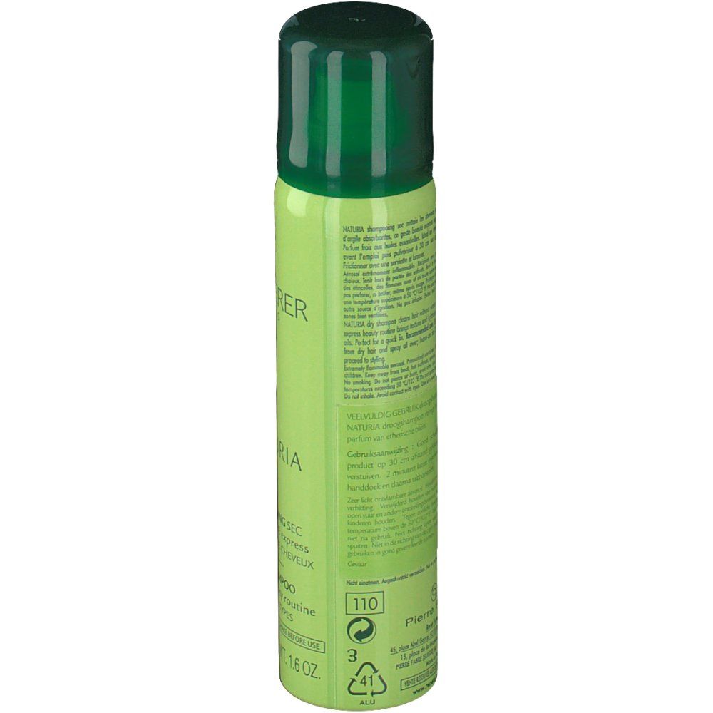 Flacon vert avec bouchon vert. Texte: Naturia, shampooing sec, 1.6 OZ.