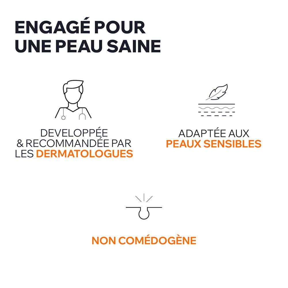 Graphique avec symboles. Développé & recommandé par les dermatologues. Adapté aux peaux sensibles. Non comédogène.