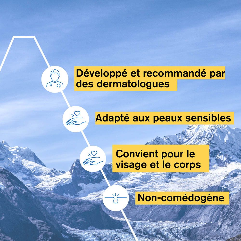 Zones de texte avec texte. Texte: Développé et recommandé par des dermatologues, Adapté aux peaux sensibles, Convient pour le visage et le corps, Non-comédogène.