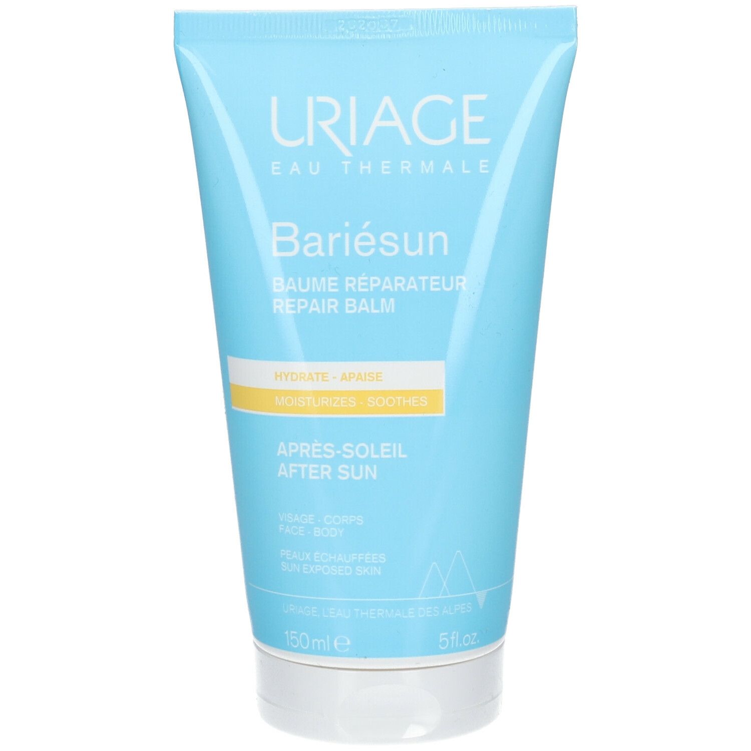 Hellblaue Tube mit weißem Deckel. Aufschrift: URIAGE, Bariésun, Après-Soleil, Repair Balm. Text in Französisch. 150ml.