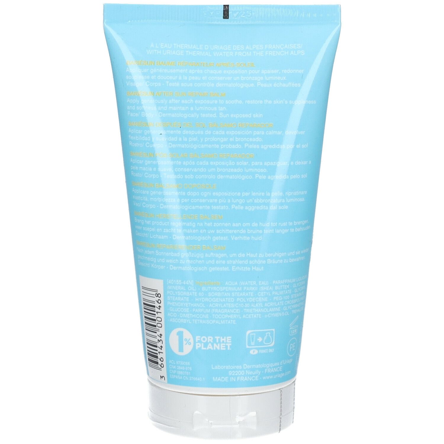 Rückseite einer hellblauen Tube. Text in mehreren Sprachen. Aufschrift: URIAGE, 1% for the planet. Hergestellt in Frankreich.