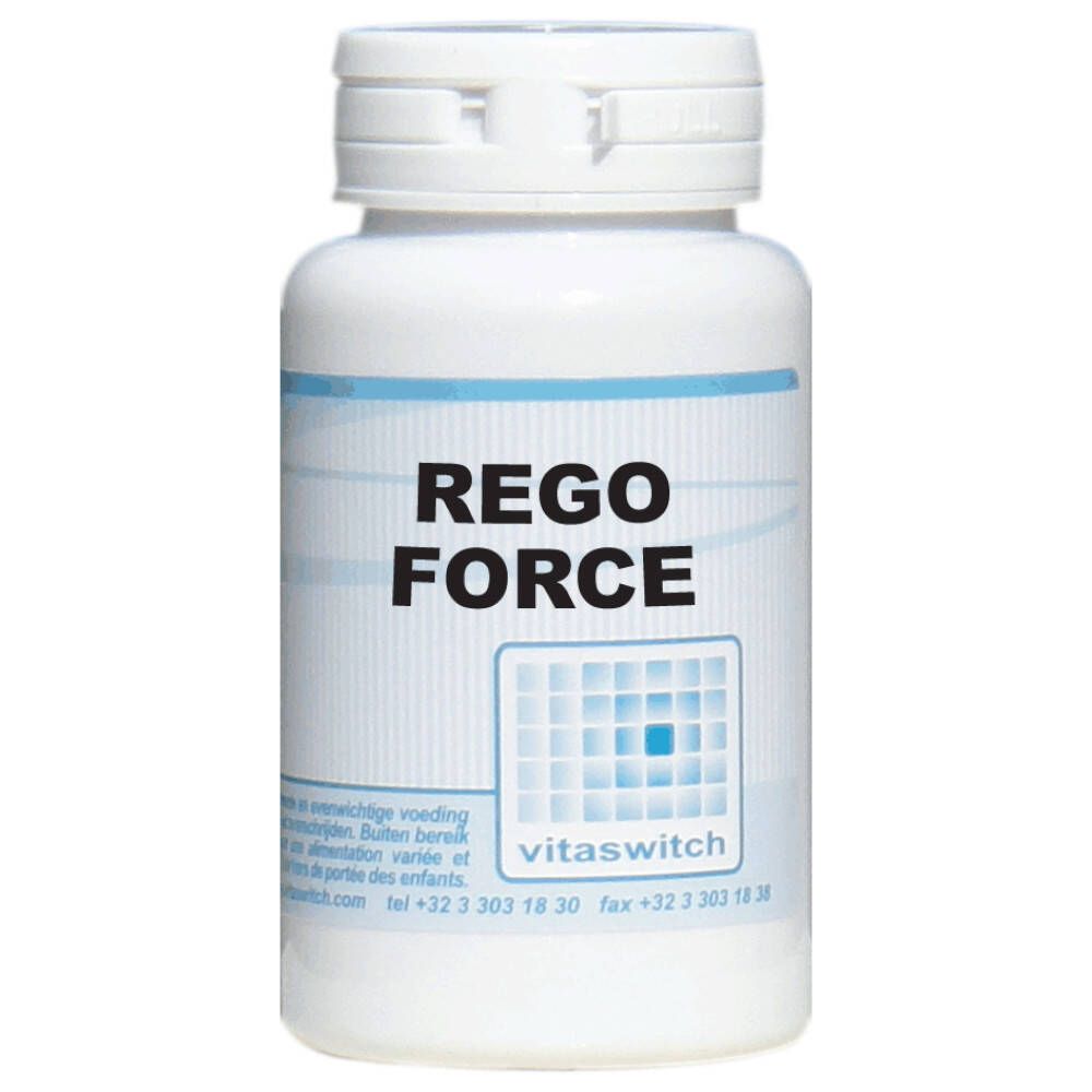 Weiße Flasche mit "REGO FORCE"-Aufdruck. Darunter Logo und Schriftzug "vitaswitch".