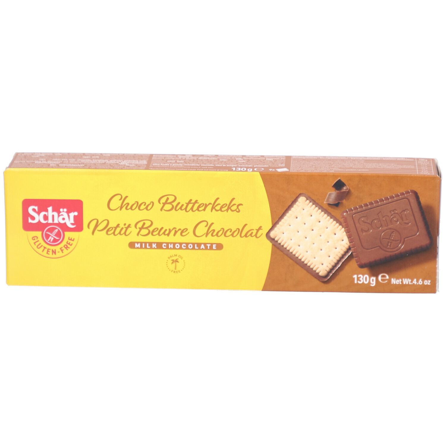 Boîte de Schär Choco Butterkeks sans gluten. Emballage jaune et marron. Inscriptions : Choco Butterkeks, Petit Beurre Chocolat, 130g.