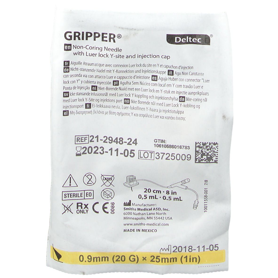 Deltec® GRIPPER® nicht-stanzende Nadel mit Y-Anschluss und Injektionskappe 20 cm 0,5 ml