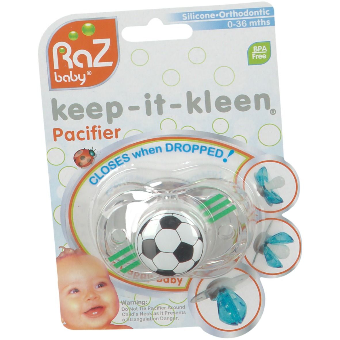 Schnuller mit Fußballmuster, in Verpackung. Silikon, BPA-frei. Für 0-36 Monate. Schließt bei Sturz. Marke Raz Baby.