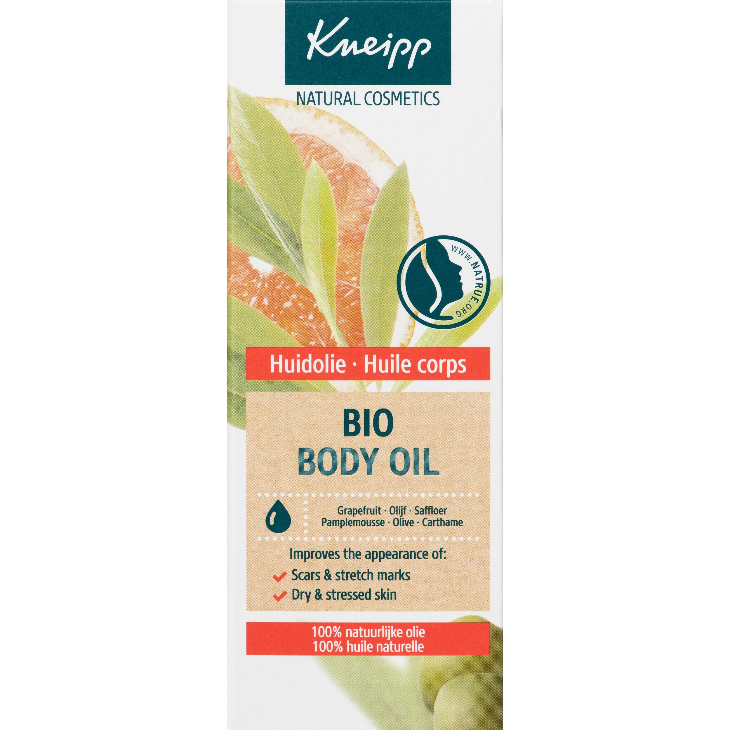 Emballage Kneipp Bio Body Oil. Étiquettes vertes et blanches. Contient pamplemousse, carthame, olive. Pour cicatrices, vergetures et peau sèche.