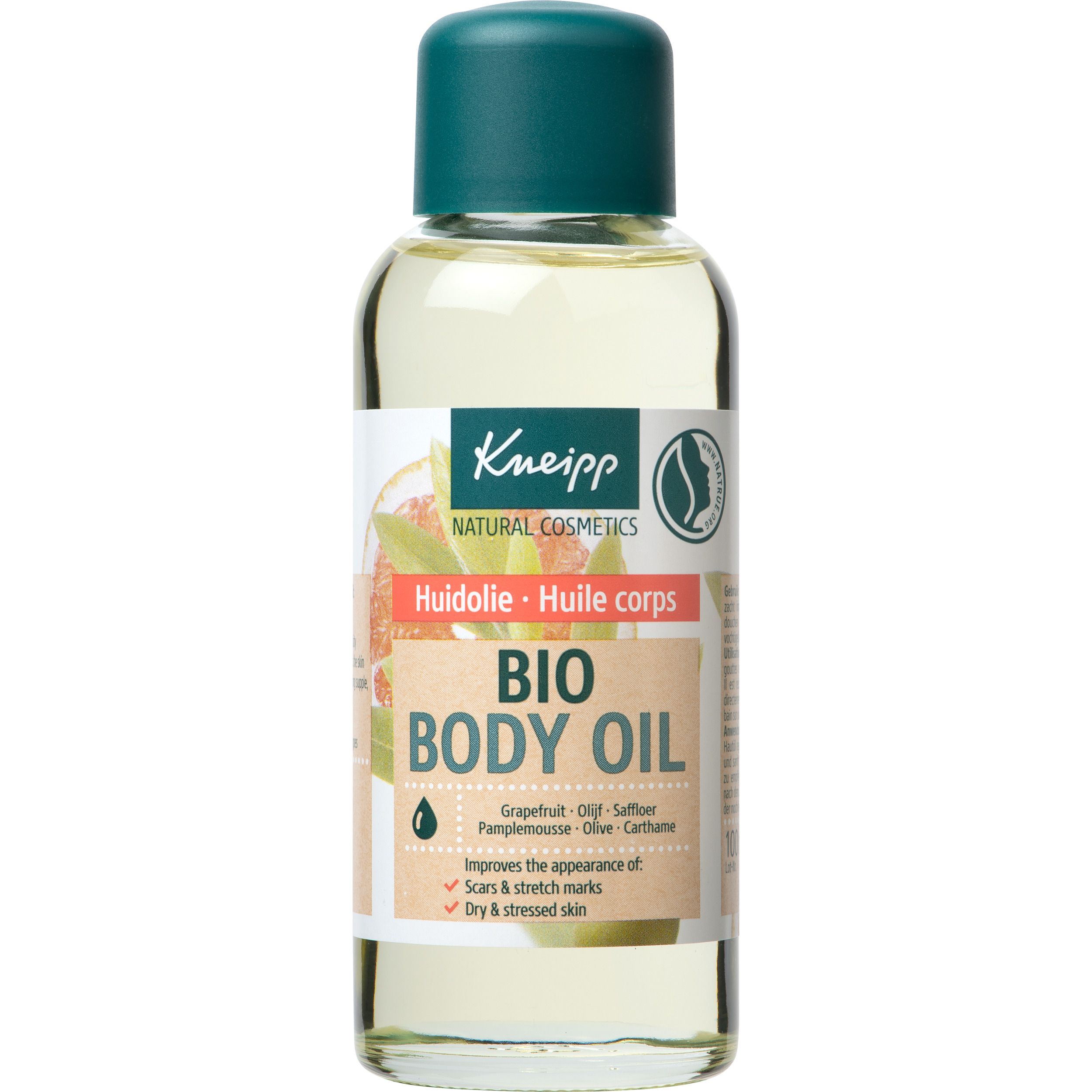 Flacon et emballage Kneipp Bio Body Oil. Étiquettes vertes et blanches. Contient pamplemousse, carthame, olive. Pour cicatrices, vergetures et peau sèche.