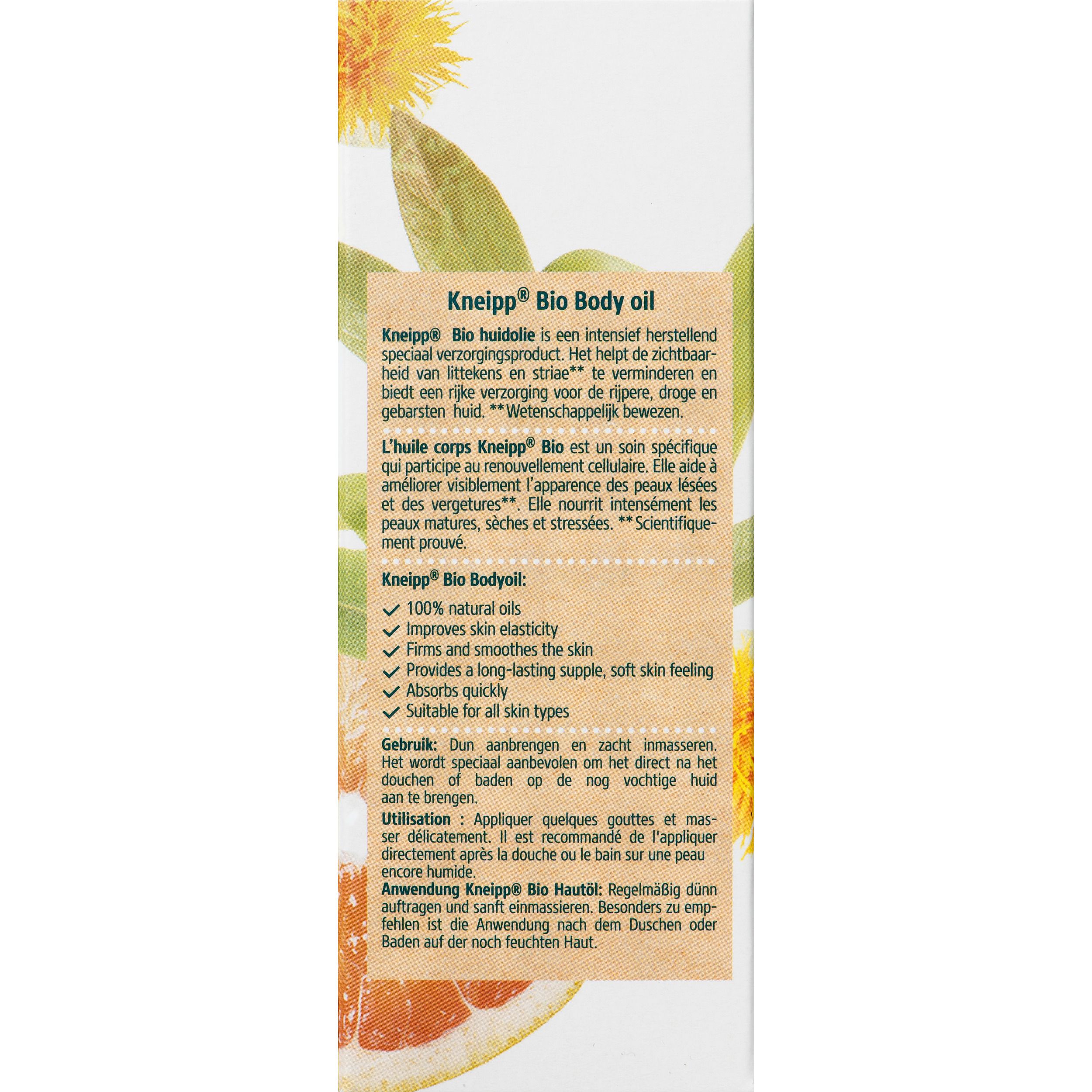 Dos de l'emballage Kneipp Bio Body Oil. Texte multilingue. Contient des informations sur les ingrédients et les propriétés.