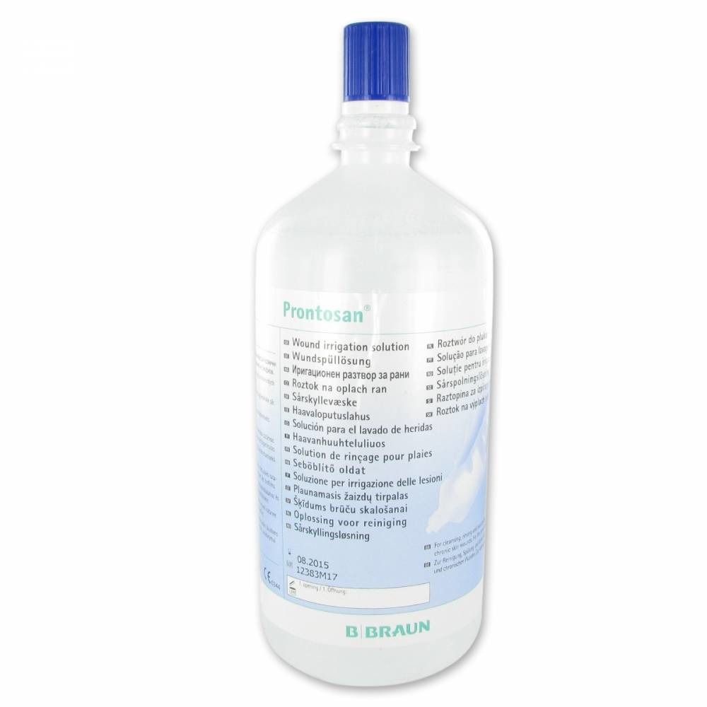 Flasche mit blauem Verschluss. Aufschrift: Prontosan. Produktetikett mit Informationen.