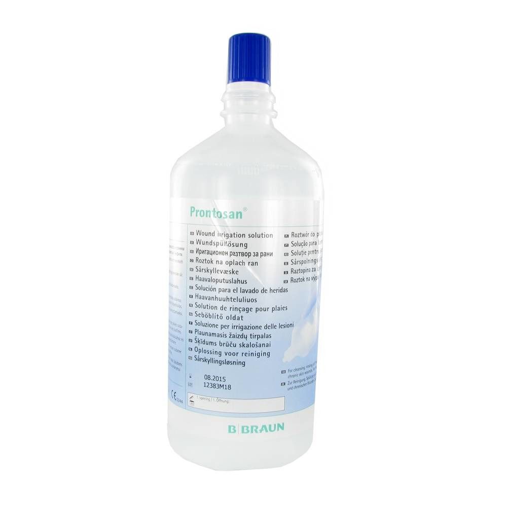 Flasche mit blauem Verschluss. Produktetikett mit Informationen. Marke B. Braun.