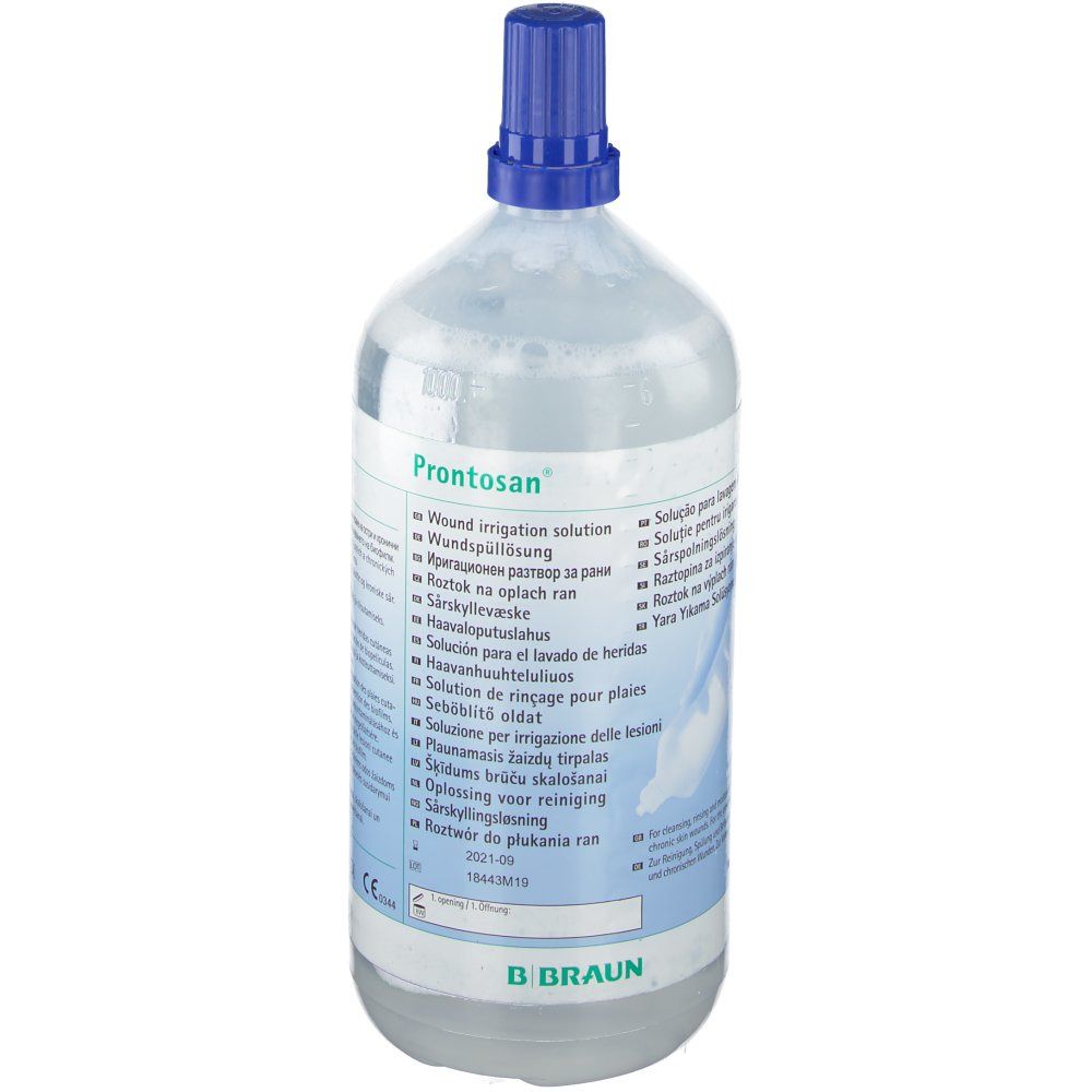 Flasche mit blauem Verschluss. Aufschrift: Prontosan. Produktetikett mit Informationen. Marke B. Braun.