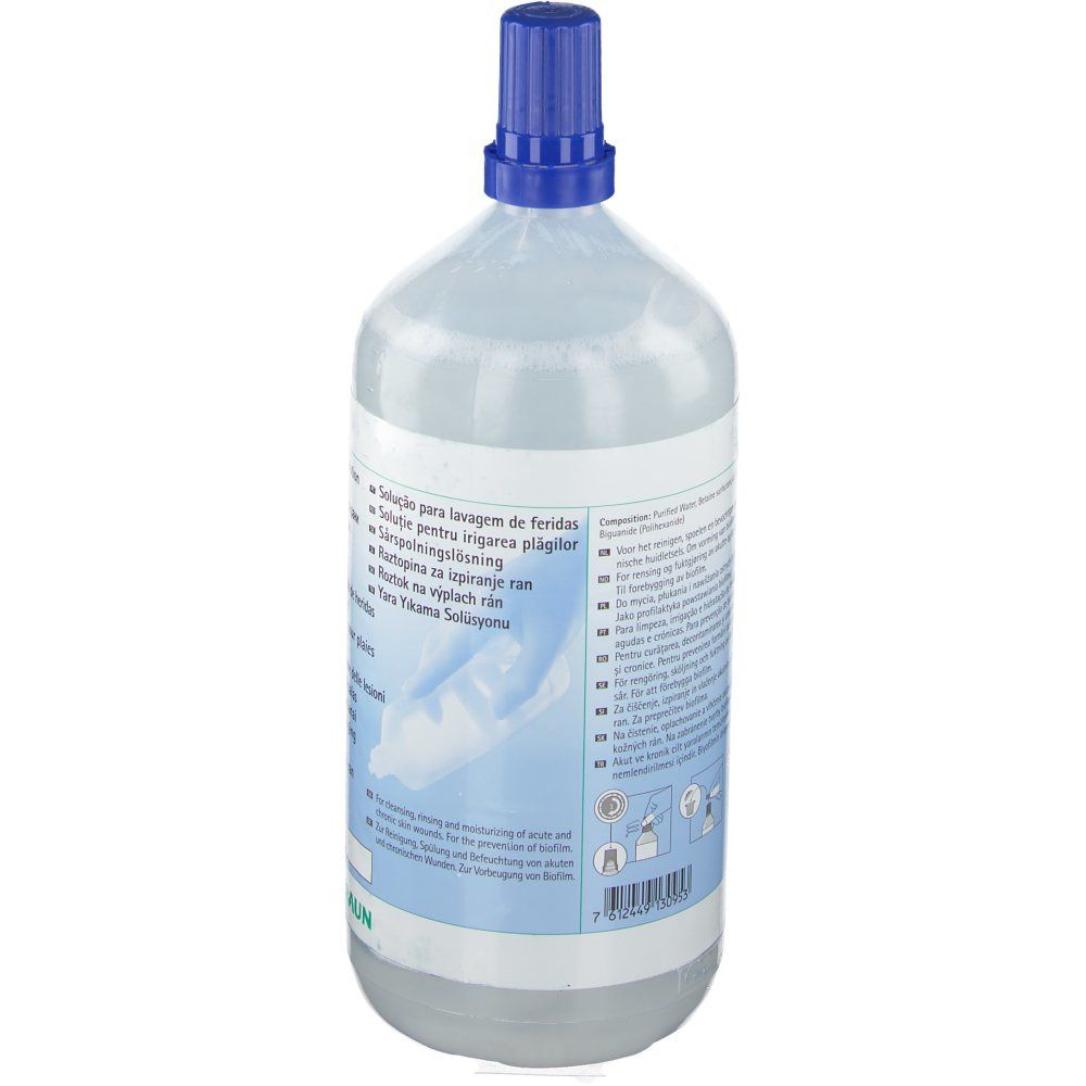 Flasche mit blauem Verschluss. Produktetikett mit Informationen. Marke B. Braun.