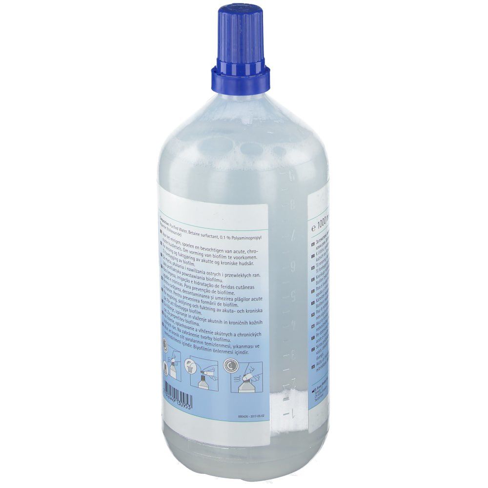 Flasche mit blauem Verschluss. Produktetikett mit Informationen. Marke B. Braun.