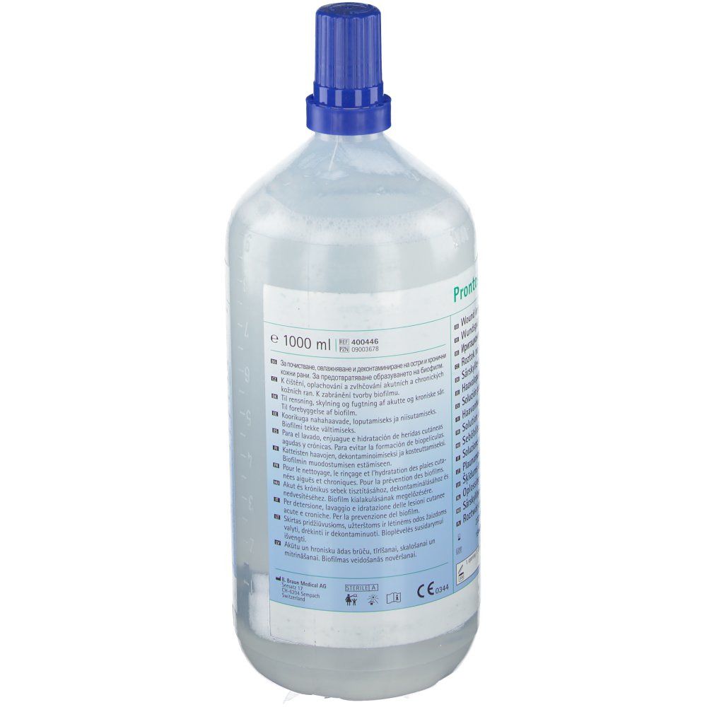 Flasche mit blauem Verschluss. Aufschrift: 1000 ml. Produktetikett mit Informationen. Marke B. Braun.