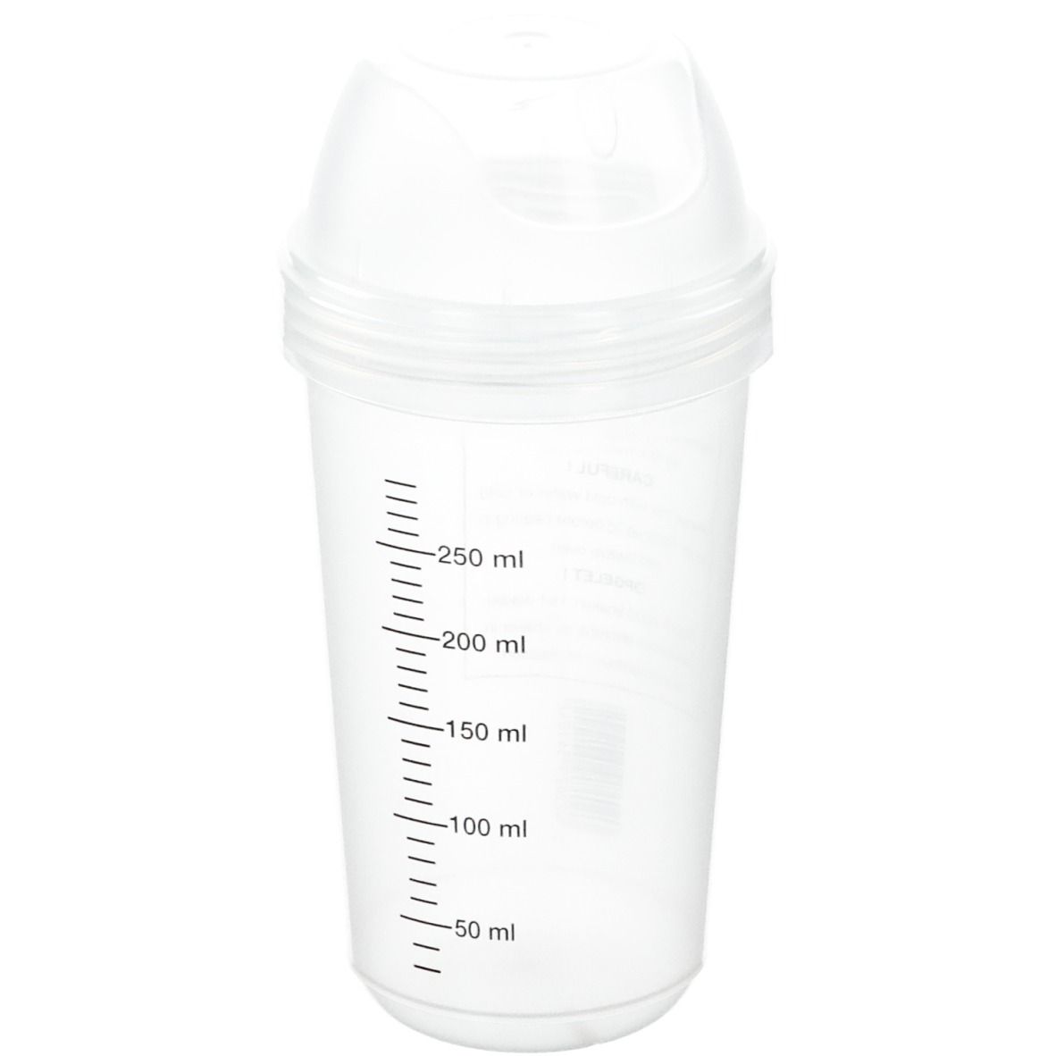 Transparenter Shaker mit Messskala. Deckel mit Trinköffnung. Volumenmarkierungen von 50 bis 250 ml.