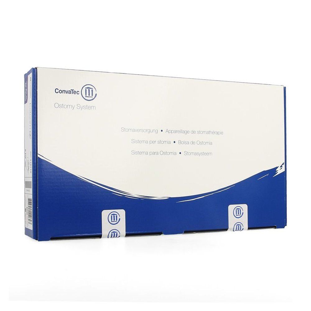 Boîte de produit Convatec Ostomy System. Inscriptions multilingues. Design bleu et blanc. Contient des informations sur le produit.