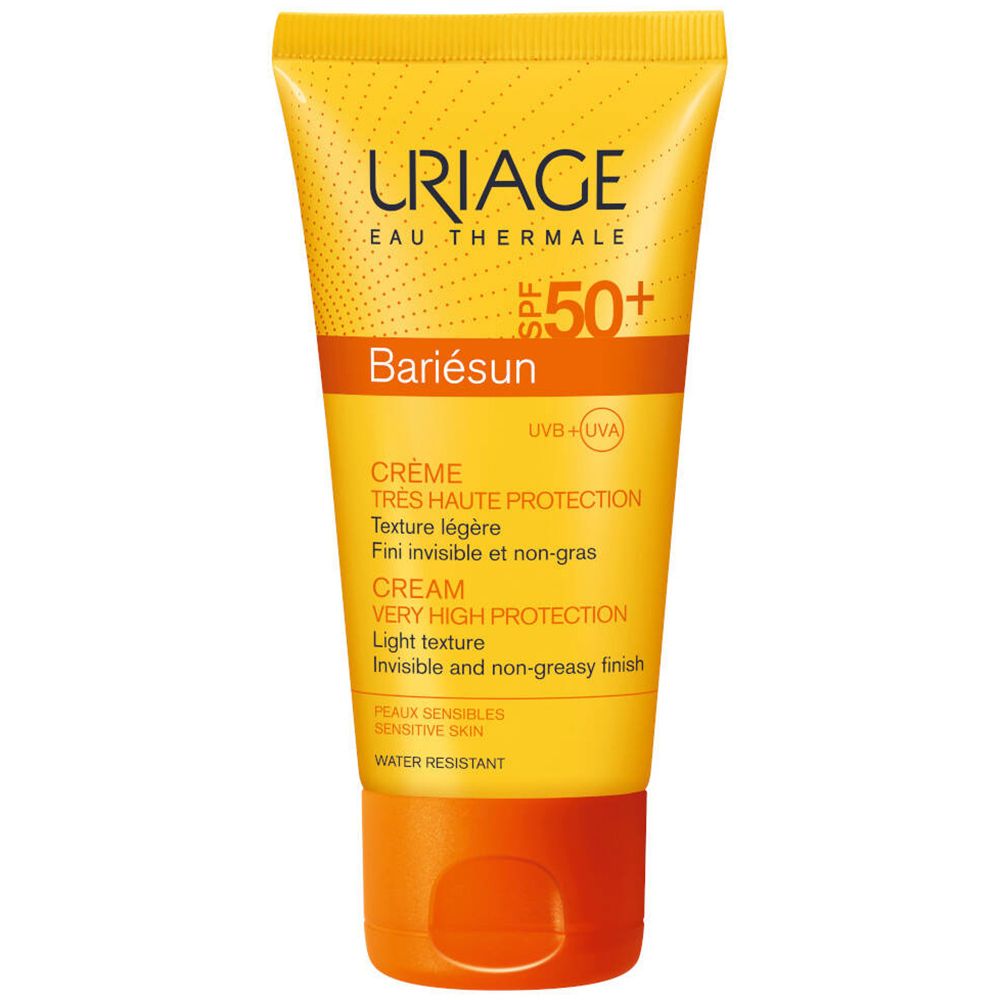Gelbe Tube mit Uriage BARIÉSUN SPF50+. Text und Produktmerkmale sind sichtbar.