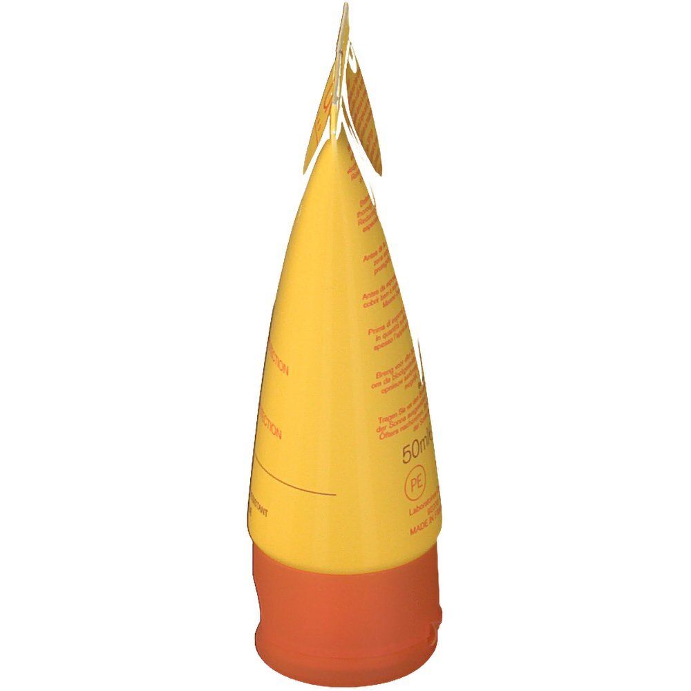 Gelbe Tube, orangefarbener Verschluss. Produktinformationen auf der Tube.