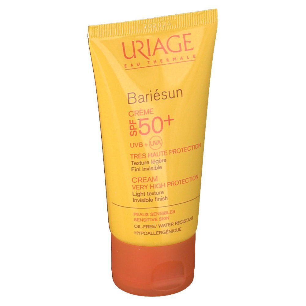 Gelbe Tube mit Uriage BARIÉSUN SPF50+. Produktinformationen und Text.