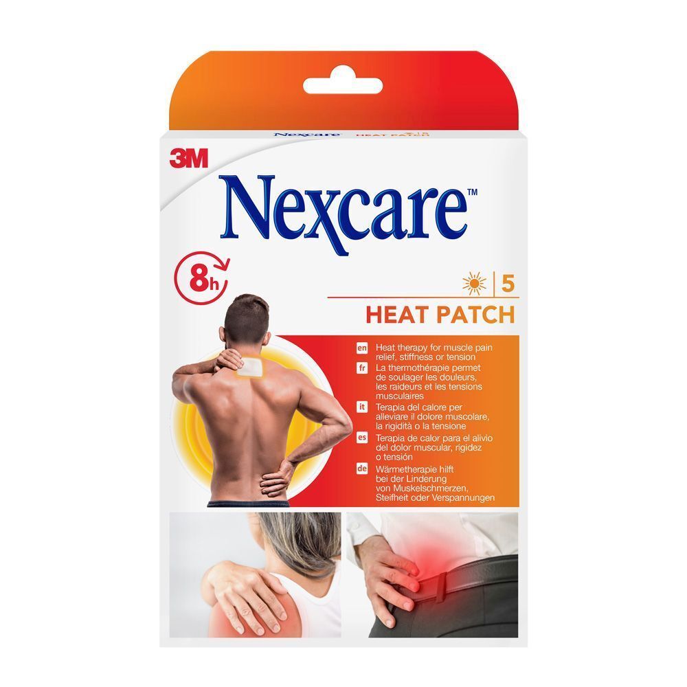 Boîte de patchs chauffants Nexcare. Contient 5 patchs. 8 heures de chaleur. Image d'un homme avec un patch sur la nuque.