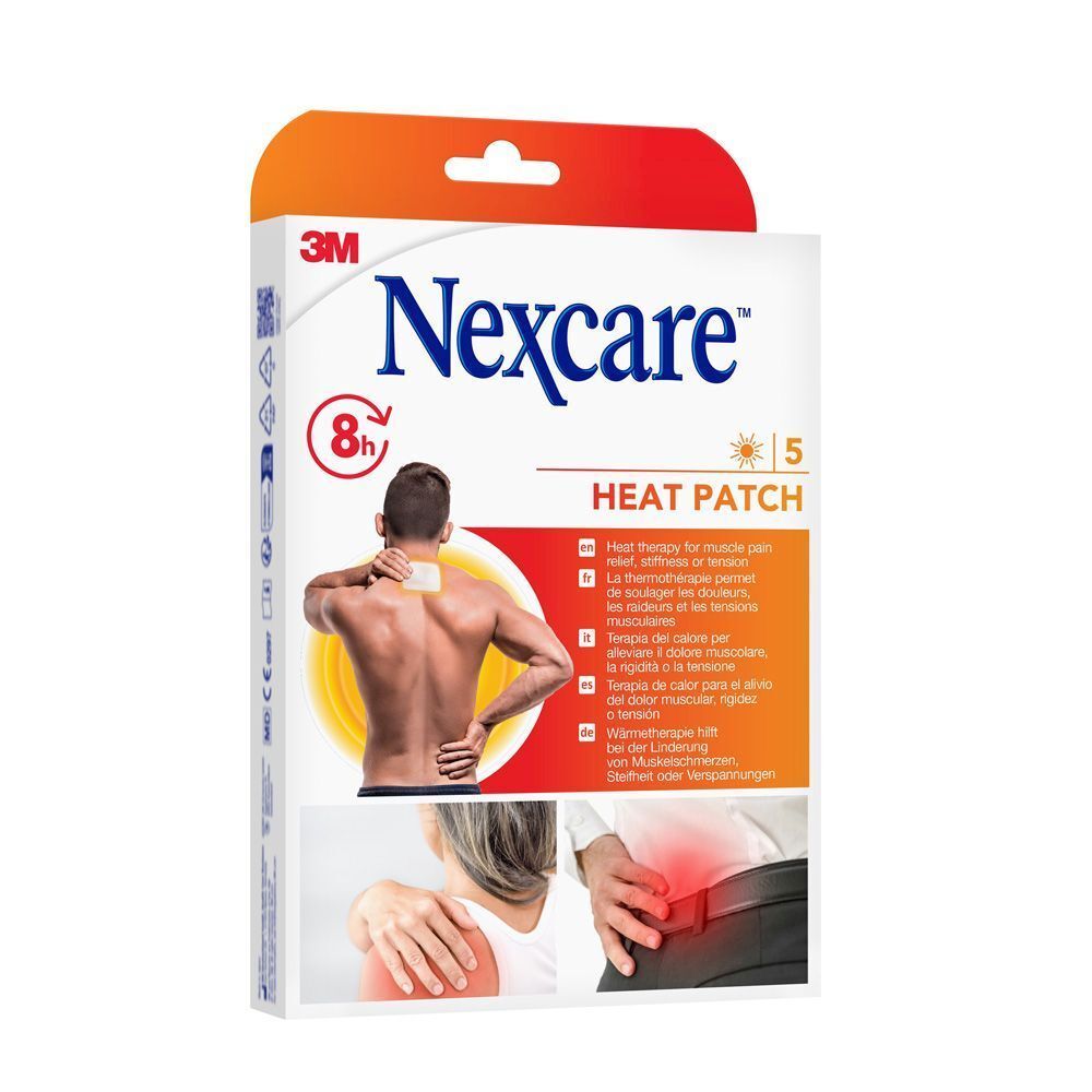 Boîte de patchs chauffants Nexcare. Contient 5 patchs. 8 heures de chaleur. Image d'un homme avec un patch sur la nuque.