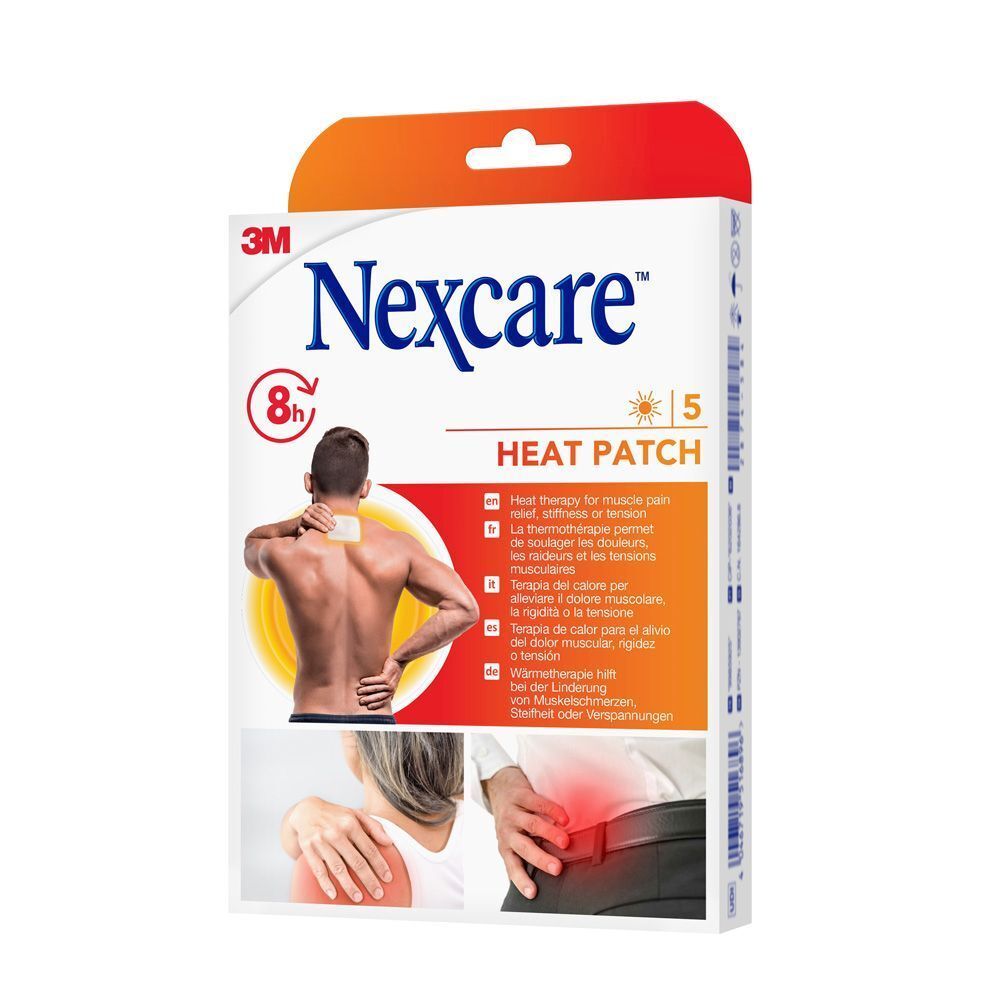 Boîte de patchs chauffants Nexcare. Contient 5 patchs. 8 heures de chaleur. Image d'un homme avec un patch sur la nuque.