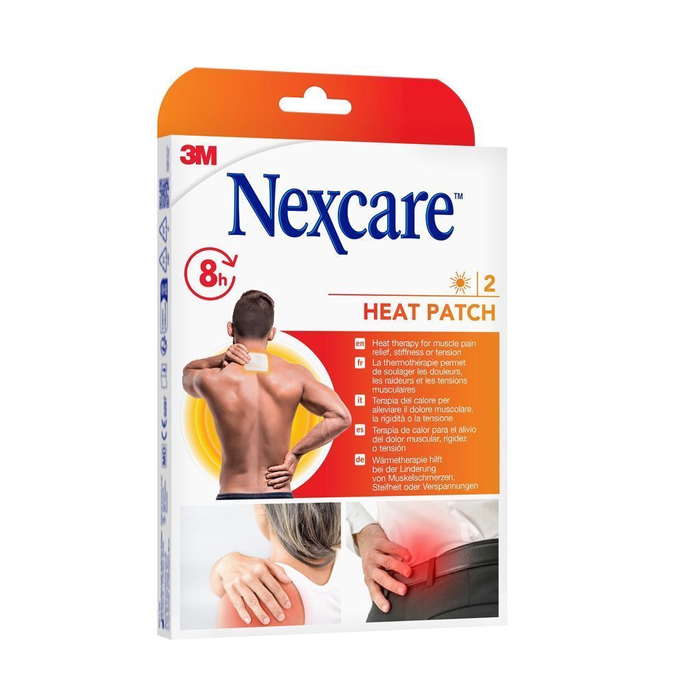 Emballage Nexcare Heat Patch. 2 patchs. 8 heures de chaleur. Logo 3M. Illustration d'un homme avec un patch dans le dos.