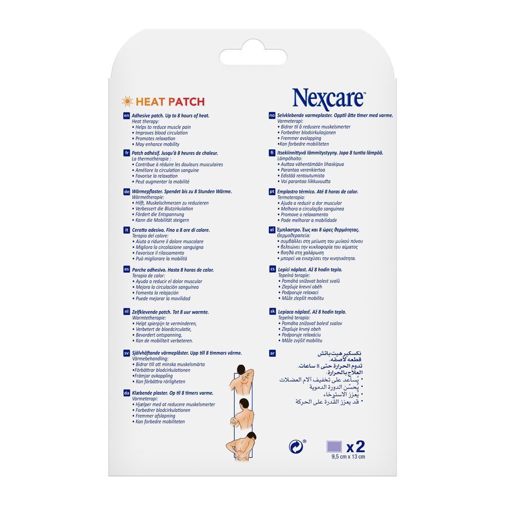 Emballage Nexcare Heat Patch. 2 patchs. 8 heures de chaleur. Logo 3M. Illustration d'un homme avec un patch dans le dos.