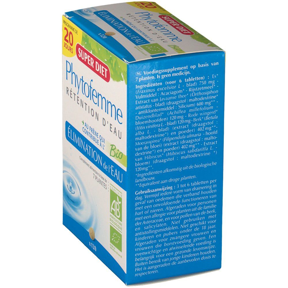 Produktverpackung, Seitenansicht. Text: Phytofemme, Rétention d'eau, Bio-Zertifizierung. Inhaltsstoffe und Gebrauchsanweisung.