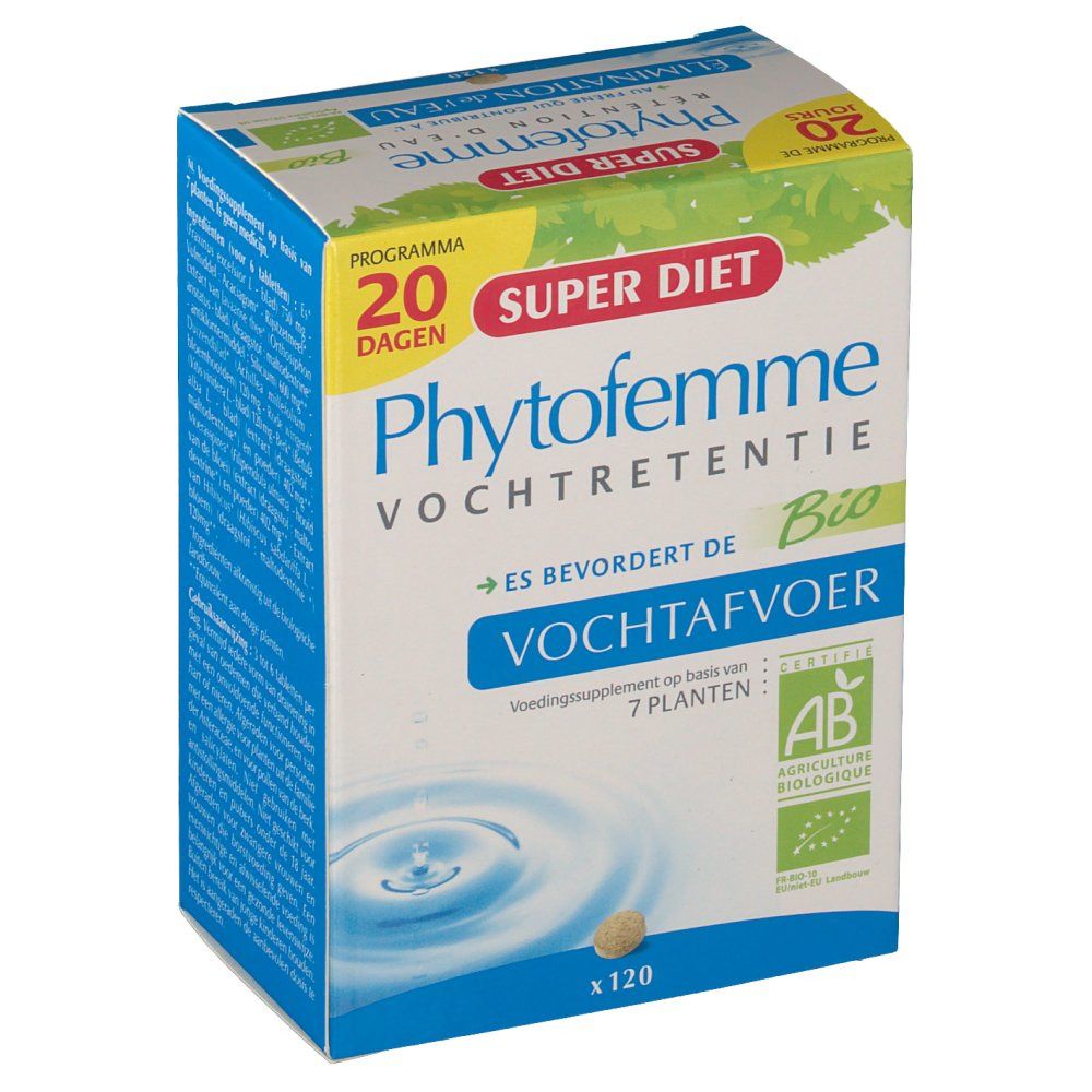 Produktverpackung mit Produktnamen und Logo. Text: Phytofemme, Vochtretentie, Bio-Zertifizierung, 120 Tabletten.