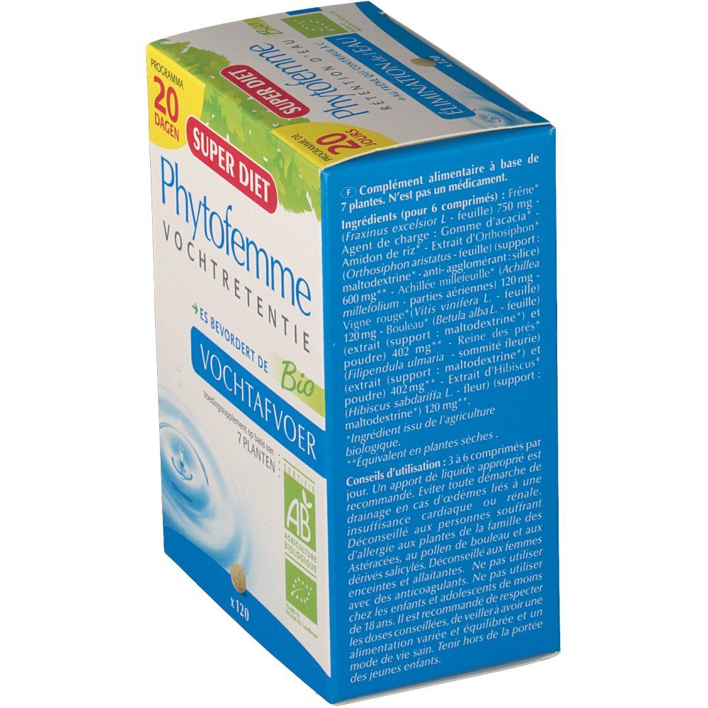 Produktverpackung, Seitenansicht. Text: Phytofemme, Vochtretentie, Bio-Zertifizierung. Inhaltsstoffe und Gebrauchsanweisung.