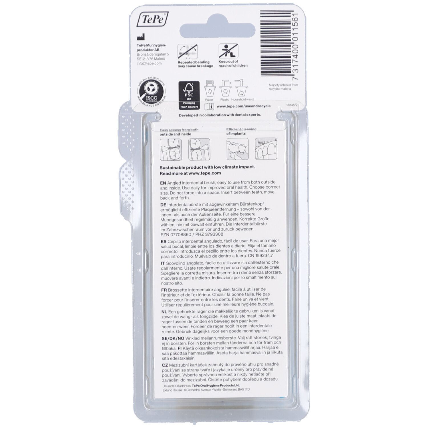 Rückseite der Verpackung mit Produktinformationen. Text in mehreren Sprachen. Nachhaltiges Produkt mit geringen Klimaauswirkungen.